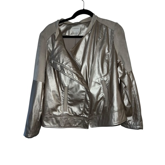 Chico's Moto Jacket Faux Leather Suede Trim Metallic Champagne Size 2 - Picture 6 of 7